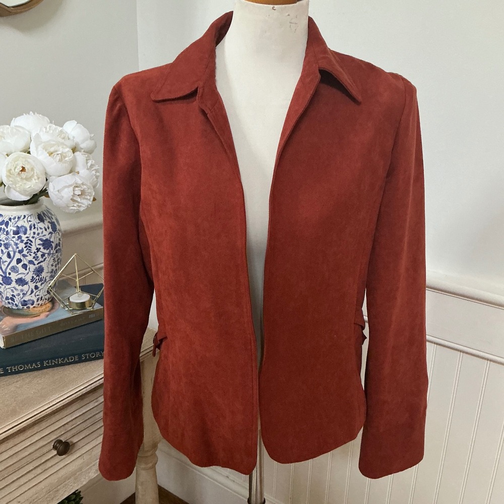 Jessica Howard Burnt Orange Faux Suede Open Front Collared Jacket Blazer Size 10